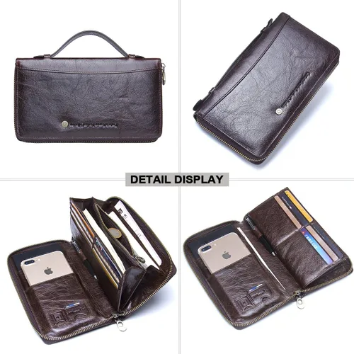 Vista 4 de CONTACTS Bolso de mano de cuero para hombre, cartera con cremallera, organizador de tarjetas de visita de gran capacidad con correa de cuero, bolso