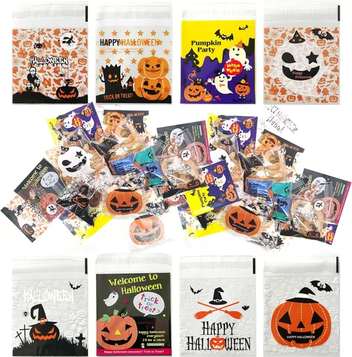 Vista 5 de 400 bolsas de dulces de Halloween, bolsas de celofán, con patrón de truco o trato, bolsas autoadhesivas para Halloween, dulce o truco, regalos