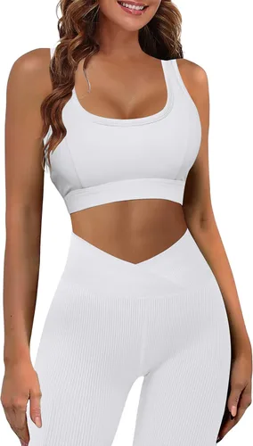 Vista 7 de LAOARA Conjunto de 2 piezas de entrenamiento para mujer, casual, acanalado, de punto, camiseta sin mangas, cintura alta, para gimnasio, leggings