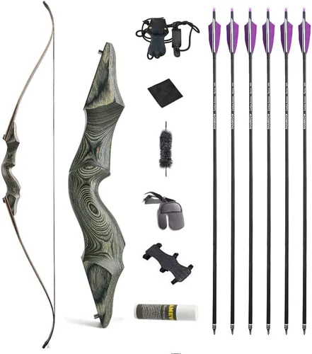Vista 17 de Juego de arco recurvo y flecha original de 60 pulgadas Black Hunter Takedown de 20 a 60 libras, arco largo de madera tradicional RH&LH para caza