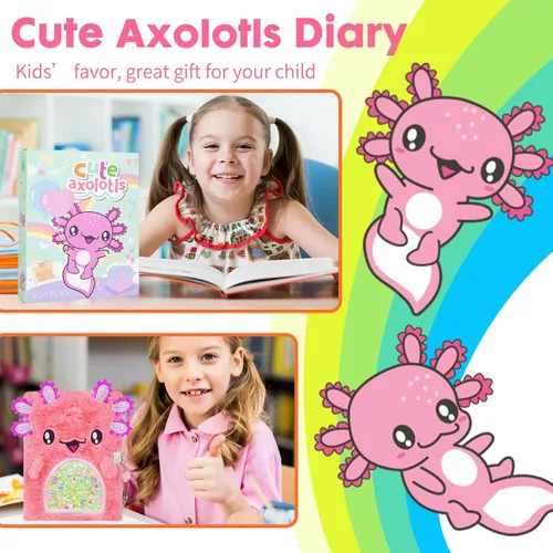 Vista 3 de Diario de ajolote para niñas con cerradura, juguetes de ajolote de felpa, regalo para niñas adolescentes, cuaderno de escritura para niños, regalos