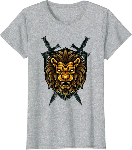 Vista 24 de Camiseta con diseño de caballero medieval renacentista, con diseño de espada de león, Negro, S