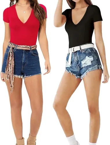 Vista 4 de MANGOPOP - Camiseta de manga corta entallada con cuello en V para mujer