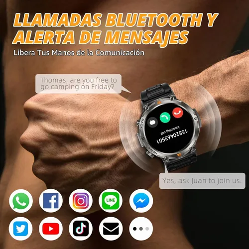 Vista 5 de Relojes inteligentes militares para hombres con GPS integrado con brújula linterna LED, reloj inteligente táctico resistente al agua 3ATM con texto
