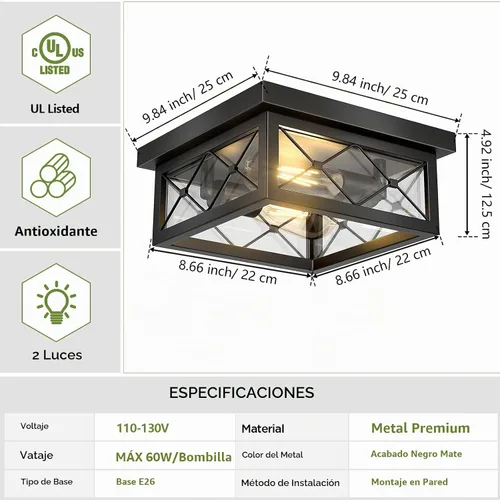 Vista 8 de Asnxcju Luminarias de Techo Estilo Granja para Montaje, Lámpara de Techo Empotrada Negra de 2 Luces con Pantalla de Vidrio Transparente, Lámpara