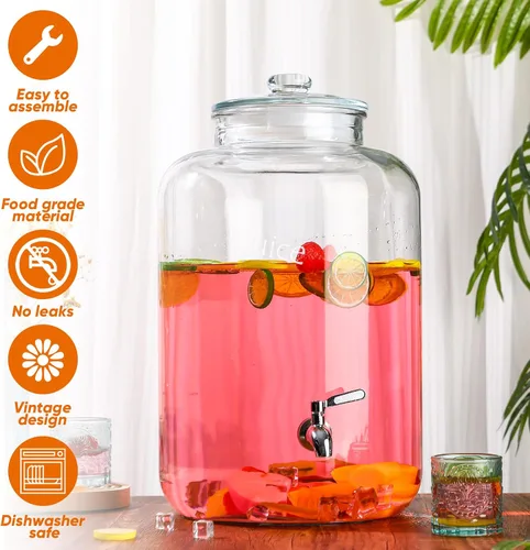Vista 3 de Baderke Dispensador de bebidas de vidrio de 6 galones para fiestas, dispensador de agua de vidrio con espiga de acero inoxidable 18/8 a prueba