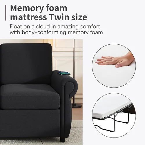 Vista 5 de Sofá cama extraíble, sofá biplaza con colchón de memoria de tamaño individual con 2 puertos USB para sala de estar (negro)