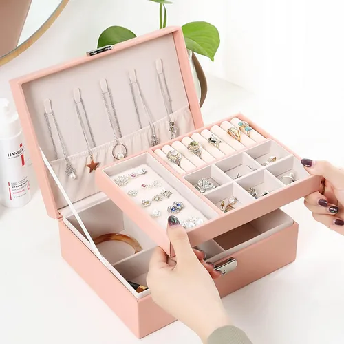 Vista 6 de Caja de joyería de 2 capas organizador de cuero sintético organizador de joyería de viaje con bandeja extraíble y caja de almacenamiento de collar