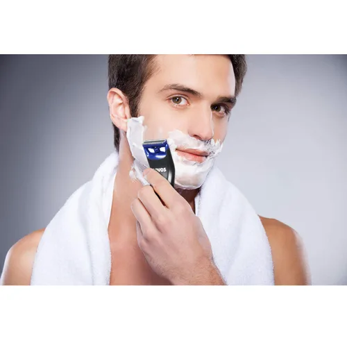 Vista 7 de POVOS Recortadora de barba de una hoja, afeitadora eléctrica bidireccional para depilación facial y corporal, kit de peluquería impermeable