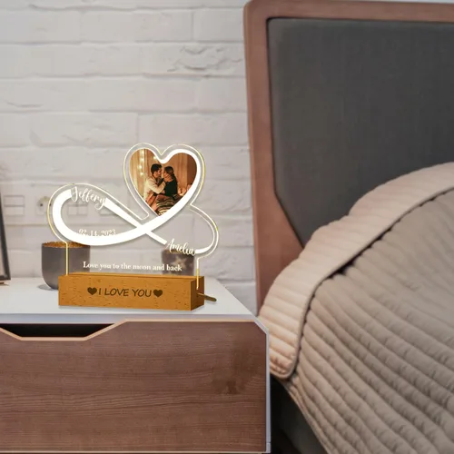 Vista 6 de Placa de acrílico con foto personalizada, regalos para aniversario, San Valentín, cumpleaños, luz nocturna LED personalizable, base de madera