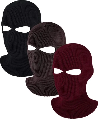 Vista 8 de Blulu Paquete de 3 máscaras de esquí con 2 agujeros, máscaras de invierno tejidas, pasamontañas cálidas y con protección contra el viento para Negro