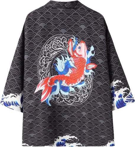 Vista 4 de PRIJOUHE Kimono japonés para hombre holgado frente abierto manga de siete mangas kimono con pantalones cortos