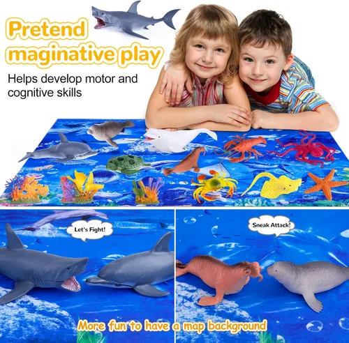 Vista 4 de GINMIC Juguetes de animales del océano para niños con alfombra de juego grande, paquete de 18 juguetes de animales marinos realistas surtidos