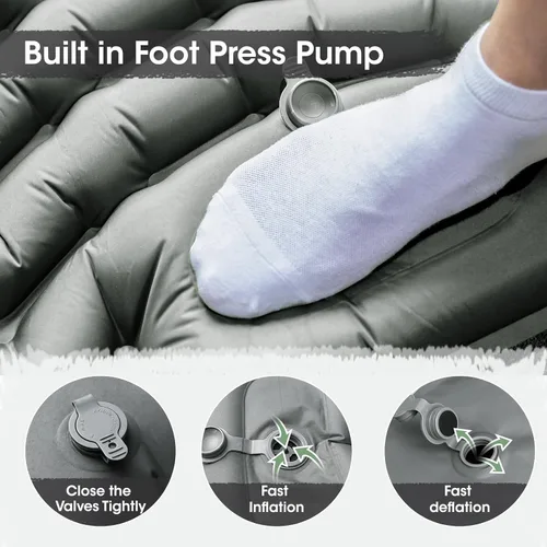 Vista 6 de Almohadilla de dormir doble autoinflable de 4 pulgadas de grosor para acampar de 2 personas, bomba de pie integrada, almohada ergonómica y diseño
