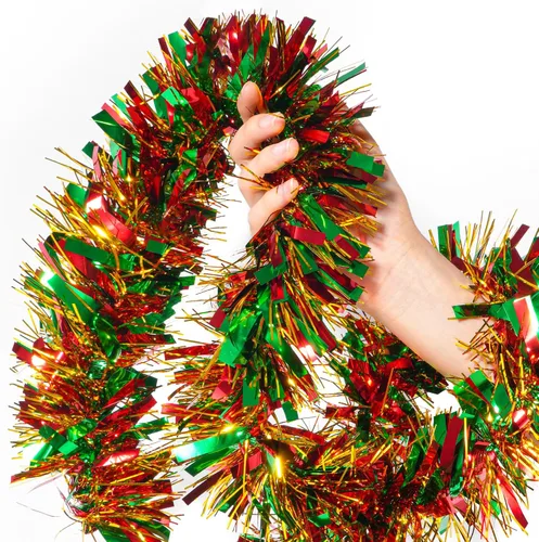 Vista 8 de Guirnalda de oropel de Navidad de 50 pies, guirnalda metálica torcida roja y verde, decoración navideña gruesa y brillante para árbol, manto