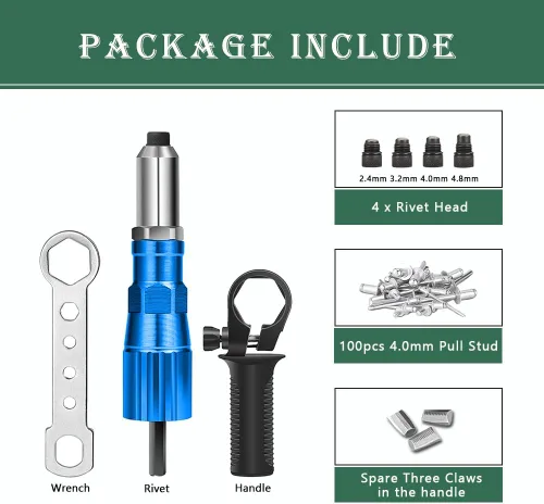 Vista 10 de Kit de adaptador de pistola de remache, herramienta de cabeza de pistola de remache para taladro inalámbrico, con 4 cabezas de remache/mango