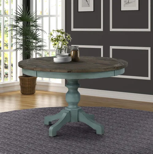 Vista 4 de Roundhill Furniture Prato - Juego de mesa de comedor redonda de 5 piezas con sillas de respaldo cruzado, color azul antiguo y nogal envejecido