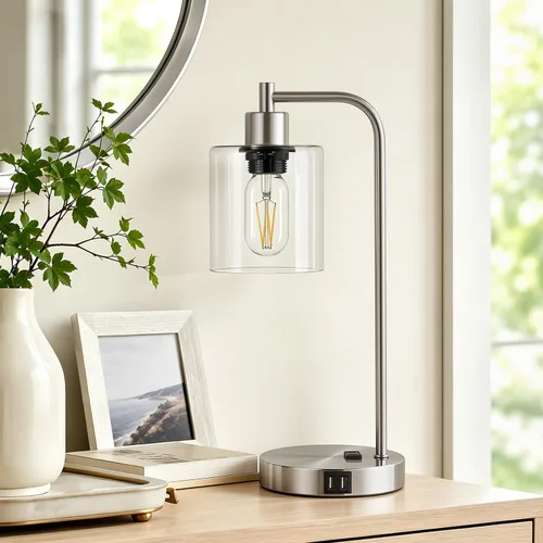 Vista 7 de Juego de 2 lámparas de mesa con control táctil industrial - Lámparas de mesita de noche en níquel cepillado con 2 puertos USB y enchufe de CA