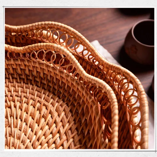 Vista 5 de Cesta de pan grande de mimbre para servir cesta de pan redonda para encimera de cocina, cesta de frutas de ratán para almacenamiento de mesa