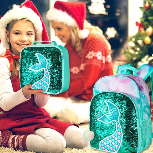 Vista 3 de 3 mochilas para niñas, 16 pulgadas con lentejuelas para preescolar y lonchera