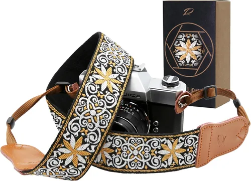 Vista 10 de Padwa Lifestyle Helios Moon God - Correa para cámara de 2 pulgadas, doble capa, extremos de piel vacuna, correas de cámara para fotógrafos, tejido