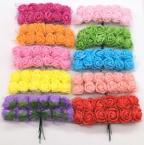 Vista 3 de 144pcs 12 colores mini flores artificiales rosas cabezas y tallo suave