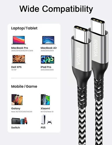 Vista 8 de Cable USB-C a USB-C de 60 W [2 unidades de 6.6 pies], cable de carga rápida Grtoeud tipo C para Apple MacBook Air de 13 pulgadas, iMac, iPad