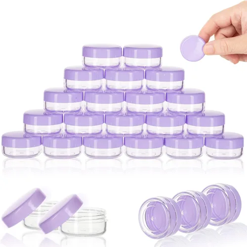 Vista 11 de Contenedores de cosméticos con tapas, tarros de loción de plástico, tarros para muestras, con tapa rosa, 0.2 oz, 25 unidades, Tarro de 3 gramos.