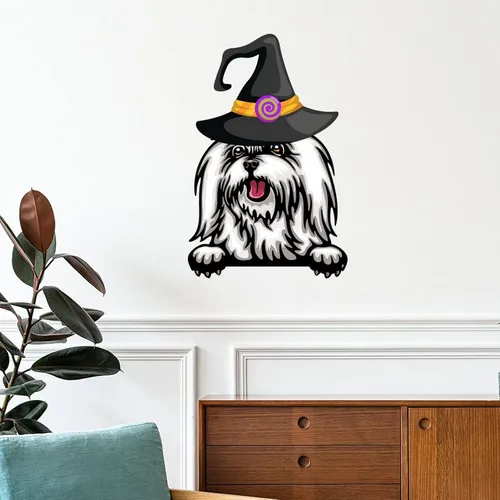 Vista 11 de Calcomanías de pared de Halloween con diseño de brujas, calcomanías de feliz Halloween, calcomanías de bienvenida para perro pug, decoración
