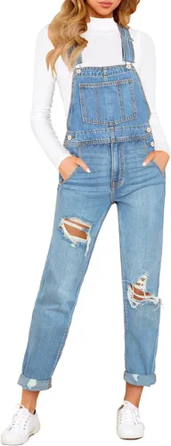 Vista 13 de luvamia - Overol de mezclilla ajustable y elástico para mujer, con pechera, jeans, pantalones, jumpsuits A1 Cody Blue