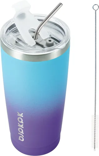 Vista 23 de BJPKPK Vaso térmico negro con tapa y pajita, de acero inoxidable, de 20 onzas, para café Pintura de caucho negro