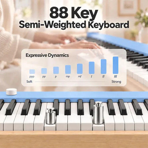 Vista 4 de Piano digital para principiantes, teclado semi ponderado de 88 teclas Azul claro