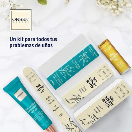 Vista 2 de Onsen Secret Kit completo de reinicio de uñas con aceite de cutícula de 0.3 fl oz, lima de uñas de grano 120/180 de doble cara, un bloque