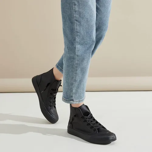 Vista 5 de Moudki Tenis altos de piel sintética para mujer, zapatos altos casuales en blanco y negro, zapatos deportivos de moda para mujer con cordones