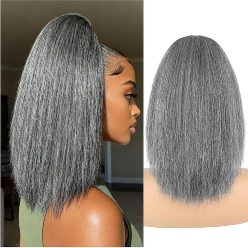 Vista 11 de Cola de caballo recta Yaki de 12 pulgadas con cordón para mujeres negras, sintética, gruesa, recta, longitud del hombro, extensión de cola