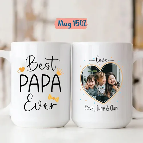 Vista 5 de Taza con texto en inglés "Best Papa Ever", tazas personalizadas para papá, tazas con foto personalizadas, regalos de hijo, hija, niños, taza