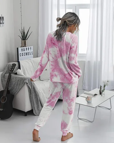 Vista 5 de Prettygarden - Conjunto de pijama para mujer, teñido anudado, de dos piezas, pijama con camiseta de manga larga y pantalón largo, con bolsillos