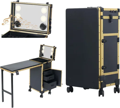 Vista 10 de Mesa de manicura portátil rodante con 3 cajones, estuche de maquillaje con cerradura con espejo y organizador de esmalte de uñas, escritorio de uñas