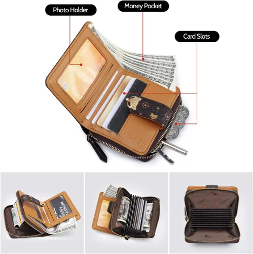 Vista 4 de FOXLOVER Carteras plegables de moda para mujer, monederos de mano para mujer con bolsillo con cremallera, caja de regalo para tarjetas de crédito