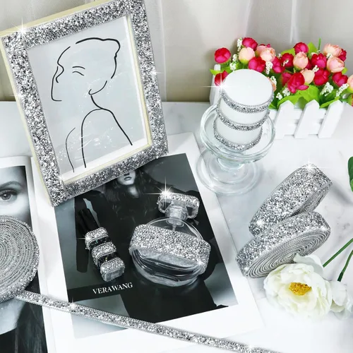 Vista 3 de Dowarm Cinta autoadhesiva de diamantes de imitación plateados, tiras brillantes para manualidades, decoración de bodas, 0.4 pulgadas de ancho