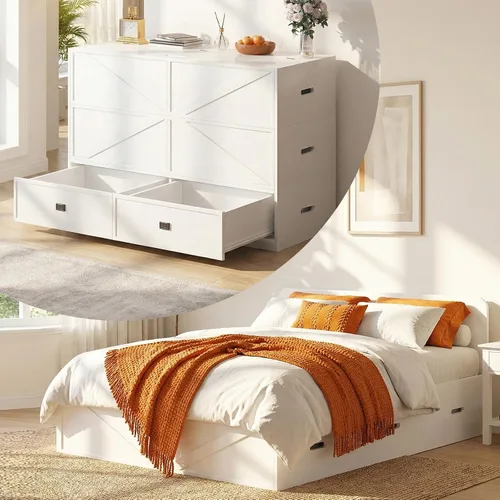 Vista 11 de ijuicy Cama Matrimonial Murphy 4 en 1 con colchón incluido y cajones extragrandes, cama multifuncional que se convierte en sofá para espacios