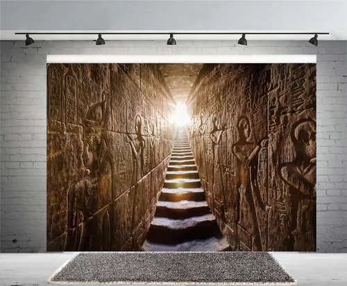 Vista 2 de Telón de fondo del templo egipcio de 5 x 3 pies, escalera antigua, luz tenue antigua, misteriosa, tallas jeroglíficas, decoración para colgar