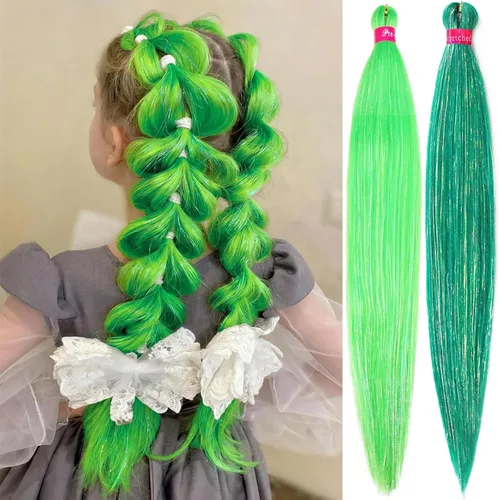 Vista 35 de Cabello trenzado verde con lentejuelas de 26 pulgadas, preestirado, trenzas de textura Yaki, extensiones de cabello pre plumadas, 3 paquetes, fácil