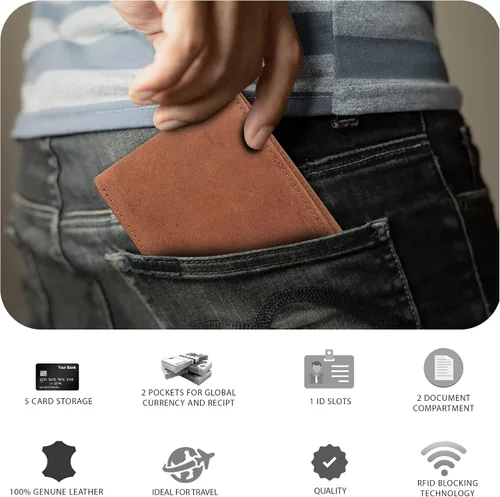 Vista 12 de Cartera delgada de cuero para hombre, bloqueo RFID, bolsillo frontal minimalista, delgada y elegante con ventana de identificación, regalo