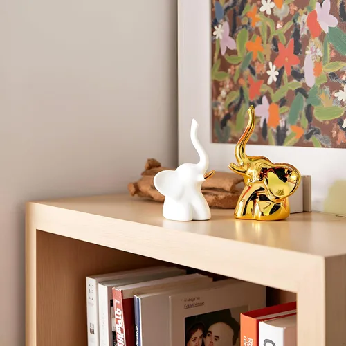 Vista 2 de Estatuas de Elefante para Decoración del Hogar, 1 Par, Pequeños Acentos Decorativos para Estantes, Sala de Estar y Dormitorio, Dorado y Blanco