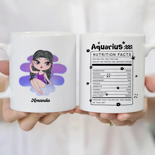 Vista 4 de Gossby Taza de café personalizada con signo de acuario, taza personalizada de horóscopo de 11 onzas para mujeres con diseño, nombre, información