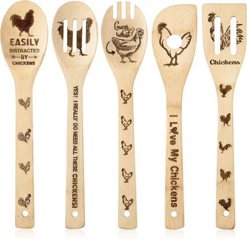 Vista 7 de Eartim Cucharas de madera para el Día de la Madre, juego de 5 cucharas de cocina antiadherentes, cucharas de bambú quemadas, espátula ranurada