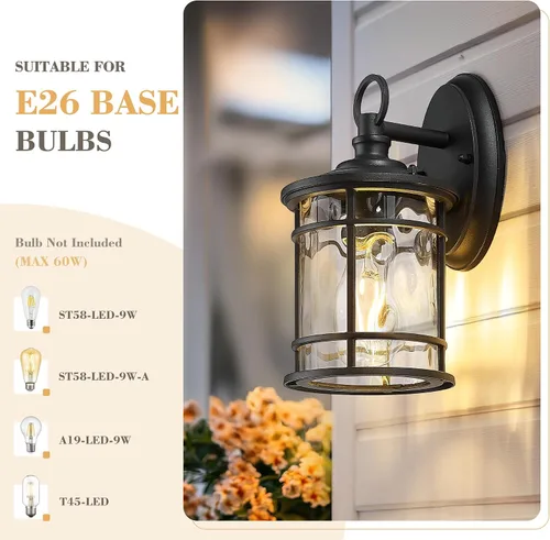 Vista 2 de Emliviar XE229BS BK-WG - Iluminación de pared para exteriores, 1 luz, luz de aluminio de 11.4 pulgadas con vidrio ondulado de agua, XE229BS BK-WG