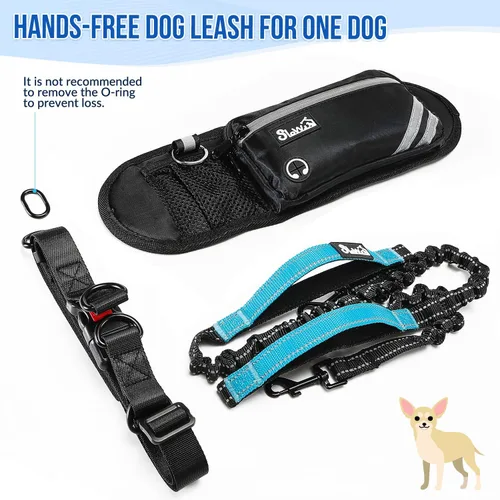 Vista 8 de SlowTon Correa para perro manos libres, con bolsa extraíble con cremallera, cuerda elástica que absorbe los golpes, doble asa y costuras