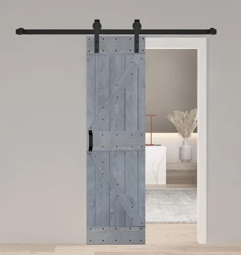 Vista 23 de Serie K. Puerta corredera de granero de madera maciza acabada con kit de herrajes (marrón/nogal, 24 x 84 pulgadas)